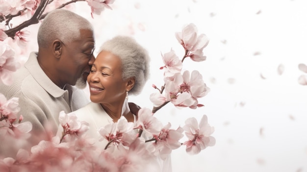 Foto grátis ideia para um banner ou cartão postal com um casal idoso apaixonado em um fundo com uma maçã florescendo