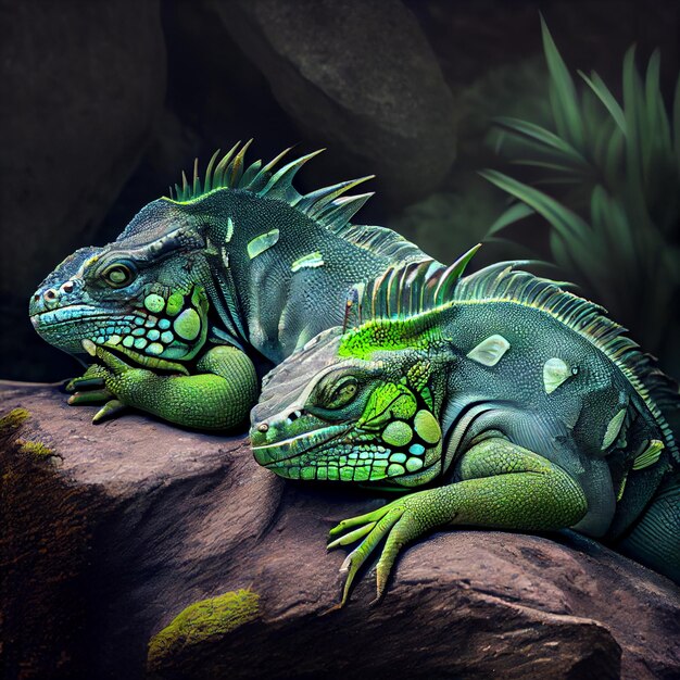 Iguana verde no galho fecha retrato generativo AI