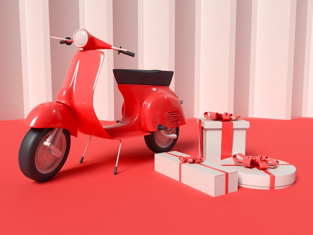 Ilustração 3D da Scooter Delivery com caixas de presente