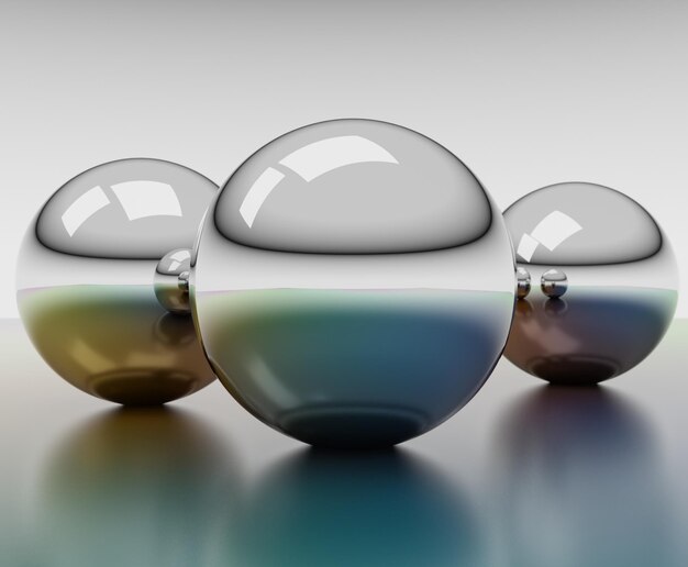 Ilustração 3d de esferas de prata com reflexos coloridos na superfície colorida gradiente