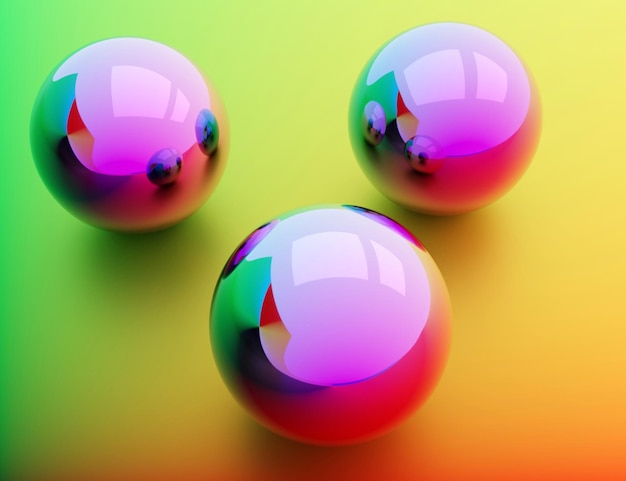 Ilustração 3d de três esferas rosa brilhantes na superfície gradiente laranja e verde