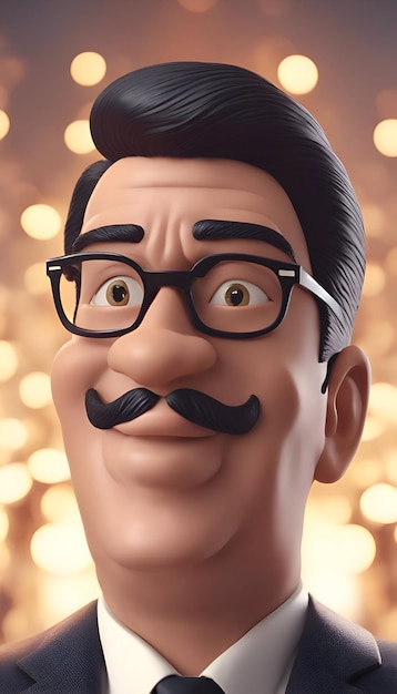 Foto grátis ilustração 3d de um homem com bigode e óculos em um fundo bokeh