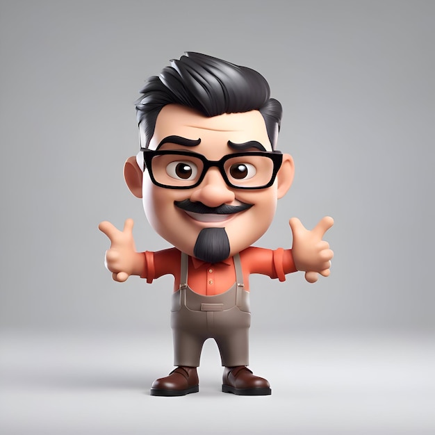 Ilustração 3d de um homem de desenho animado com bigode e óculos