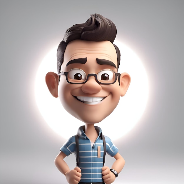 Ilustração 3d de um homem de desenho animado feliz usando óculos e suspensórios