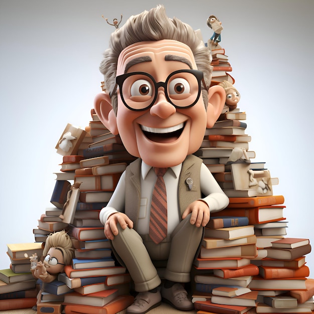 Foto grátis ilustração 3d de um homem idoso com óculos sentado em uma pilha de livros