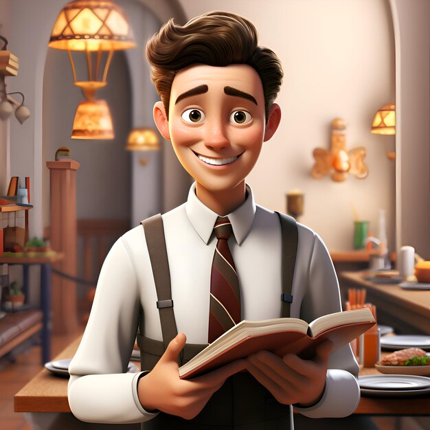 Ilustração 3D de um homem sorridente lendo um livro em um café