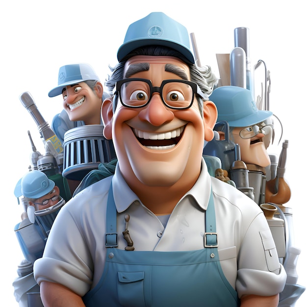 Foto grátis ilustração 3d de um mecânico feliz com um grupo de trabalhadores