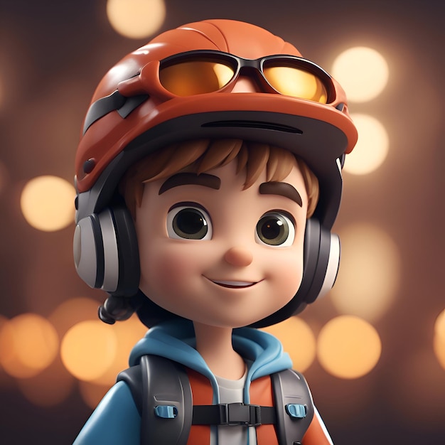 Ilustração 3D de um menino bonito usando um capacete e fones de ouvido
