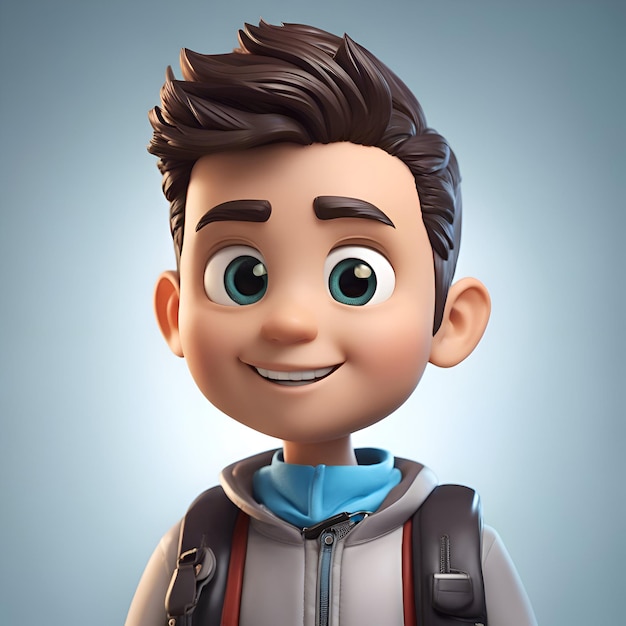 Ilustração 3d de um menino de desenho animado bonito com mochila nas costas