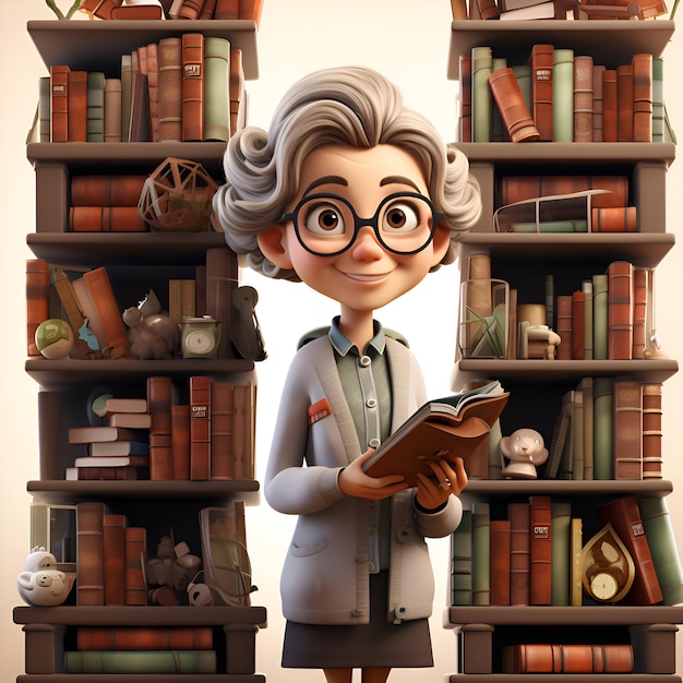 Foto grátis ilustração 3d de um menino de desenho animado bonito lendo um livro em uma biblioteca