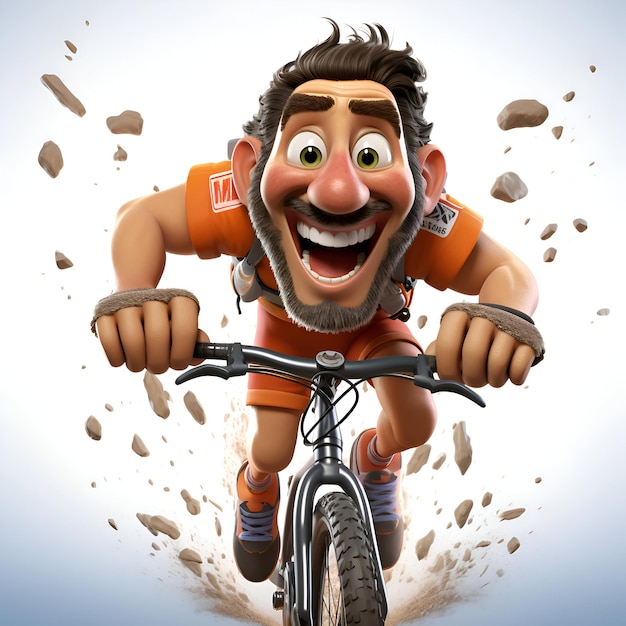 Foto grátis ilustração 3d de um personagem de desenho animado andando de bicicleta com sujeira ao seu redor
