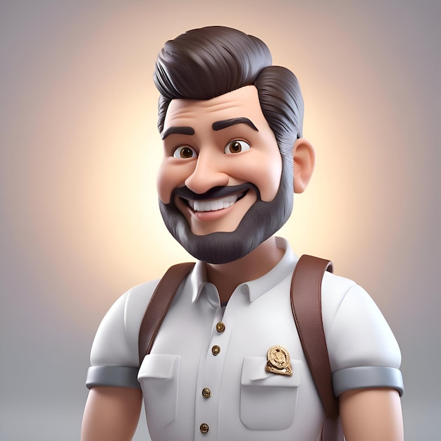 Ilustração 3d de um personagem de desenho animado com bigode e barba vestindo uma camisa branca