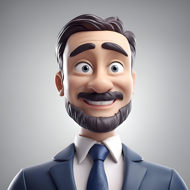 Ilustração 3D de um personagem de desenho animado com bigode e gravata