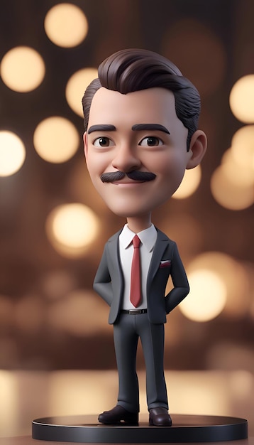 Ilustração 3D de um personagem de desenho animado com bigode e terno