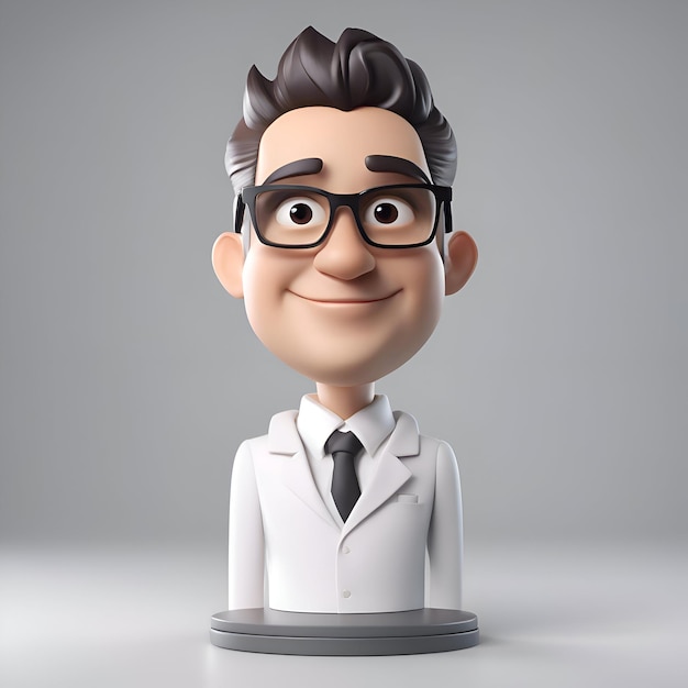 Ilustração 3D de um personagem de desenho animado com óculos e um casaco branco