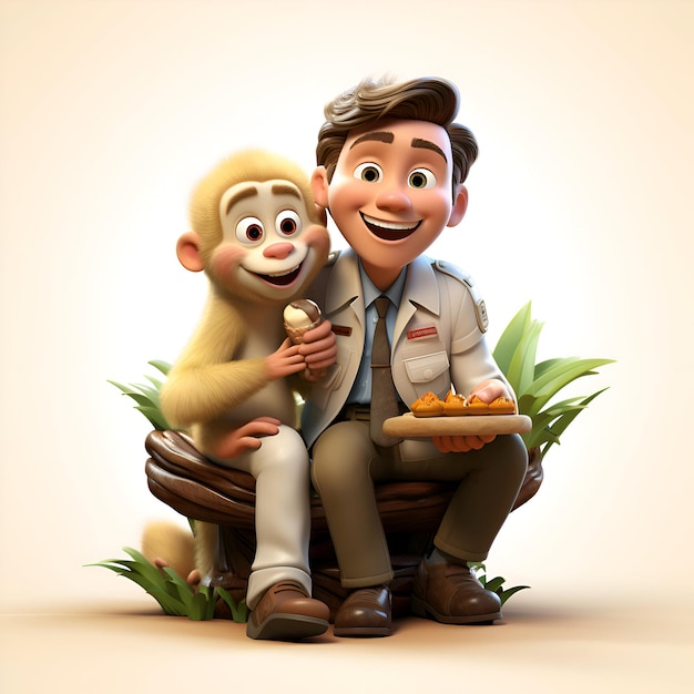 Foto grátis ilustração 3d de um personagem de desenho animado com um macaco e uma banana