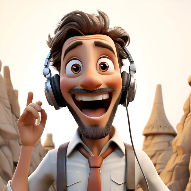 Ilustração 3D de um personagem de desenho animado com uma mochila e fones de ouvido