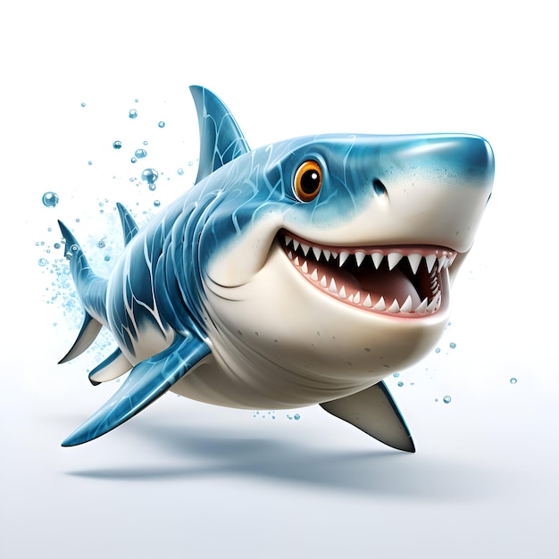 Ilustração 3D de um personagem de desenho animado de tubarão com gotas de água e fundo branco