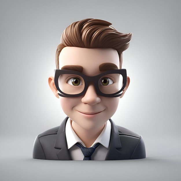 Ilustração 3d de um personagem de desenho animado em terno de negócios e óculos