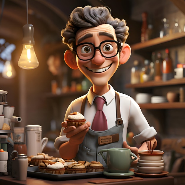 Foto grátis ilustração 3d de um personagem de desenho animado um barista com uma chávena de café