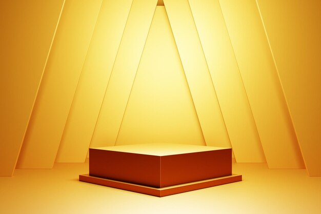 Ilustração 3d de um pódio quadrado amarelo sob luz branca sobre um fundo amarelo. renderização 3d. fundo de minimalismo geométrico