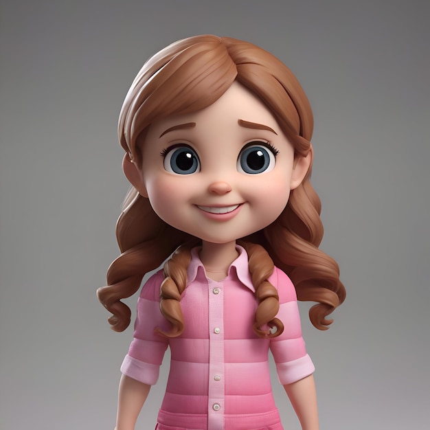 Ilustração 3d de uma garota bonita de desenho animado com cabelos castanhos longos