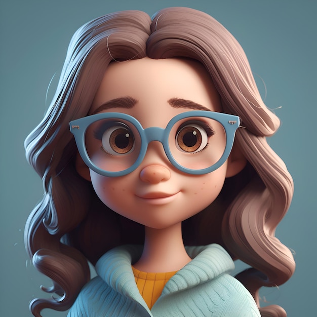 Ilustração 3D de uma garota de desenho animado bonita em uma jaqueta azul e óculos