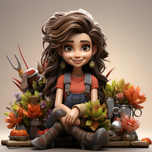 Ilustração 3d de uma garota de desenho animado bonita sentada com um bouquet de flores