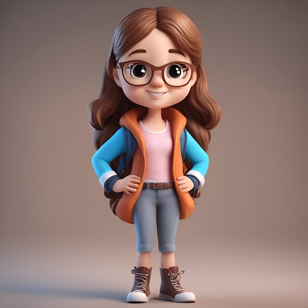 Ilustração 3d de uma menina bonita com óculos e uma jaqueta