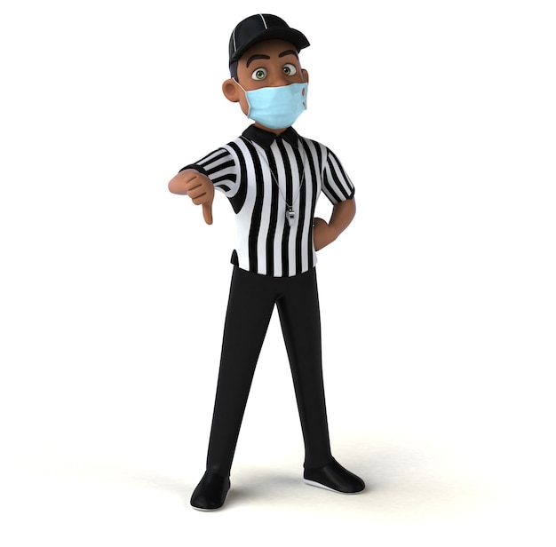 Ilustração 3D divertida de um árbitro negro com uma máscara