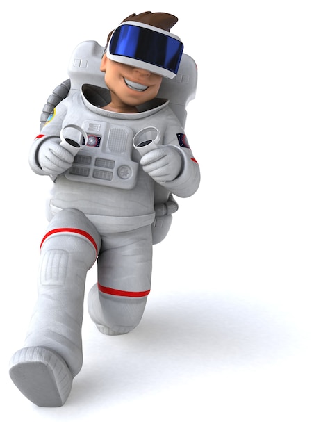 Ilustração 3D divertida de um astronauta com um capacete de realidade virtual