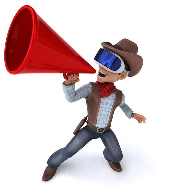 Ilustração 3D divertida de um cowboy com um capacete de realidade virtual