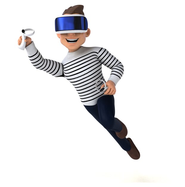 Ilustração 3D divertida de um homem de desenho animado com um capacete de realidade virtual