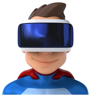 Ilustração 3d divertida de um super-herói com um capacete de realidade virtual