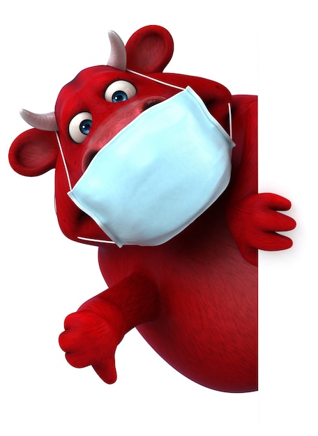 Ilustração 3D divertida de um touro vermelho com uma máscara