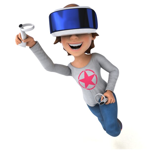 Ilustração 3D divertida de uma adolescente com um capacete de realidade virtual