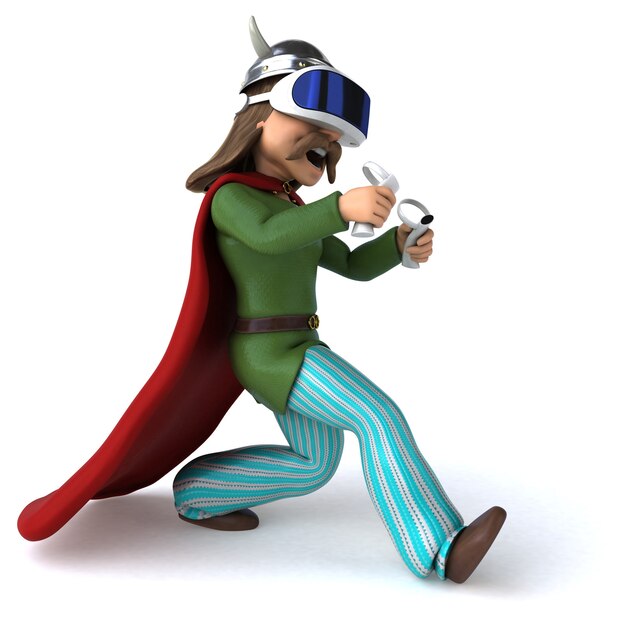 Ilustração 3D divertida de uma gaulesa com um capacete de realidade virtual