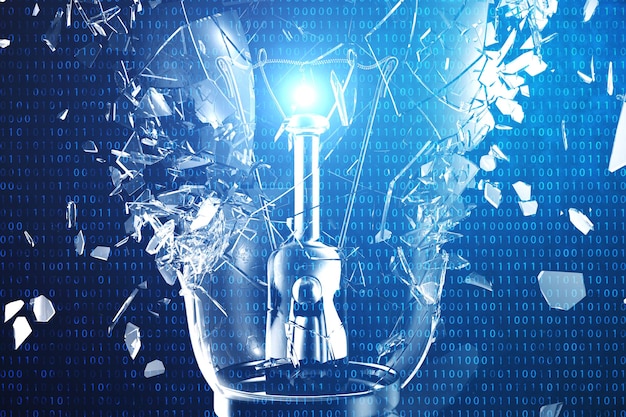 Ilustração 3d explodindo a lâmpada em um fundo azul, com conceito de pensamento criativo e soluções inovadoras.