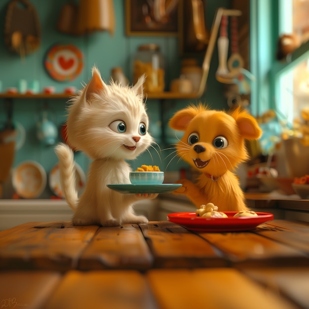 Ilustração 3D mostrando a amizade entre gatos e cães