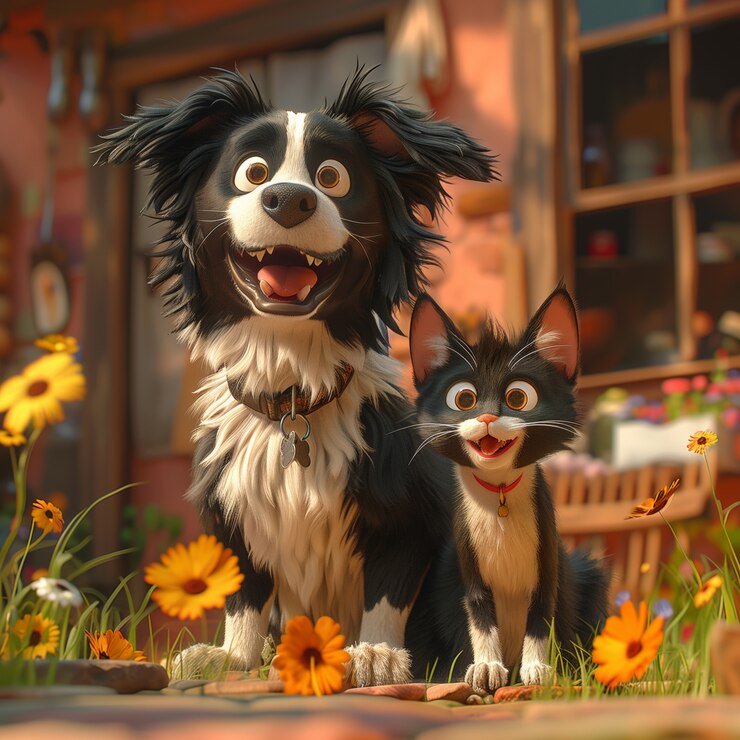 Foto grátis ilustração 3d mostrando a amizade entre gatos e cães