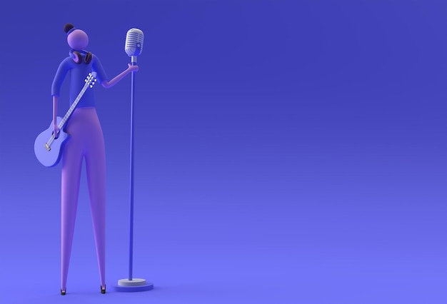 Ilustração 3D Mulher Cantora com uma guitarra e microfone Desenho de Renderização em 3D dos Desenhos Animados