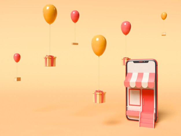 Ilustração 3D. Smartphone e caixas de presente amarradas a balões enquanto flutuam no céu. Compra online e entrega o conceito de serviço.