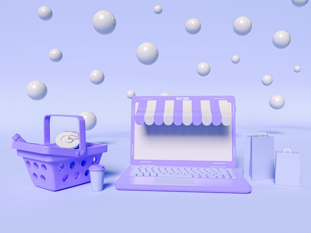 Ilustração 3D. Um laptop com uma cesta de compras e sacolas de papel. Conceito de compras e e-commerce online.