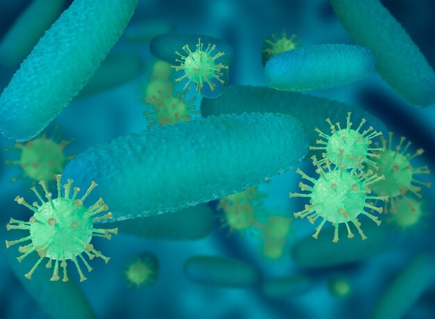 Ilustração 3D. Vírus e células bacterianas flutuando no corpo humano. Conceito científico e médico.