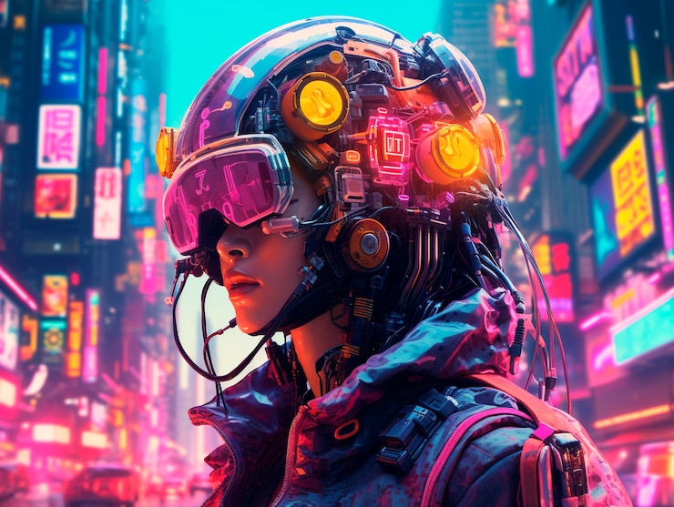 Foto grátis ilustração cyberpunk com cores de néon e tecnologia futurista
