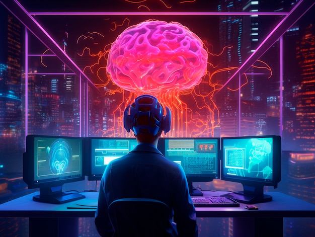 Ilustração cyberpunk com cores de néon e tecnologia futurista