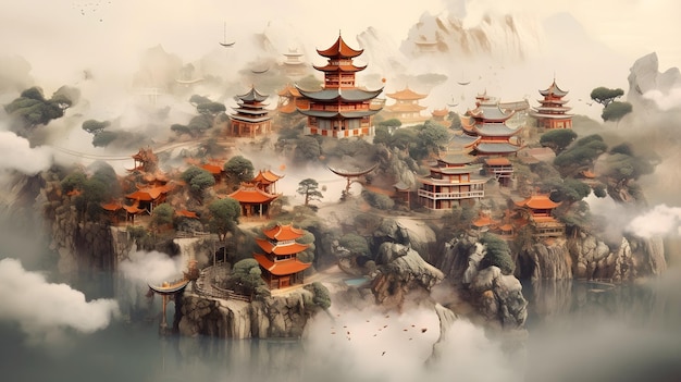 Ilustração da paisagem cultural tradicional chinesa