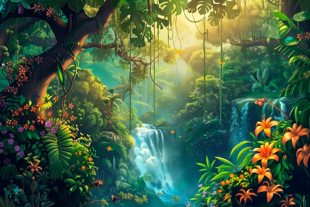 Ilustração de arte digital de paisagens de selva