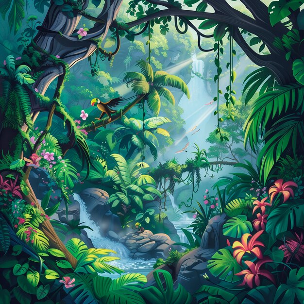 Ilustração de arte digital de paisagens de selva