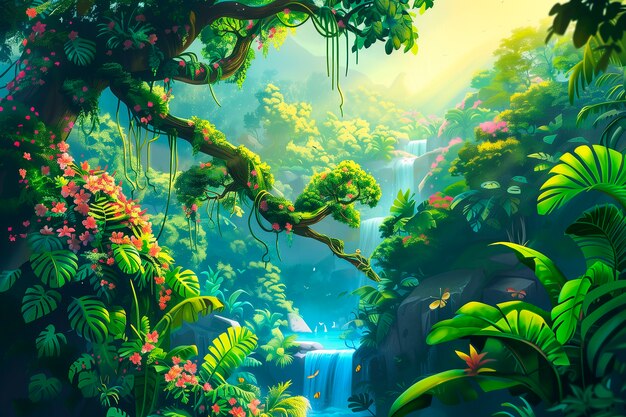 Ilustração de arte digital de paisagens de selva